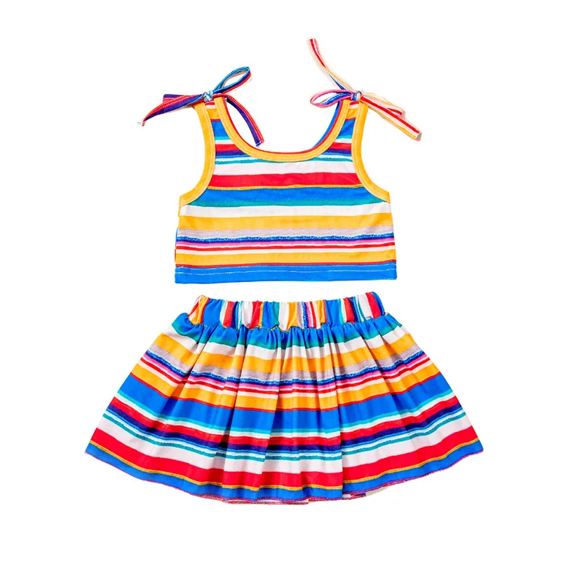 Conjunto de vestido de verão para meninas elegante e fofo colorido listrado camisola colete saia2conjunto