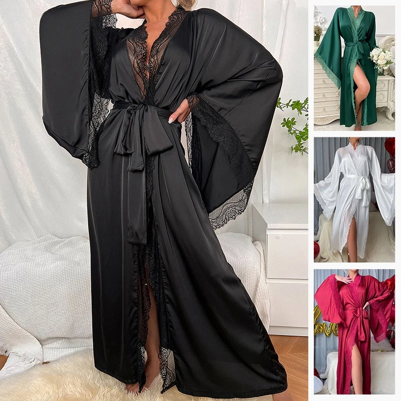 

New Satin Pajamas Women's Lace Light Luxury Long-sleeved Cool Nightgown Bathrobe Loungewear Women's