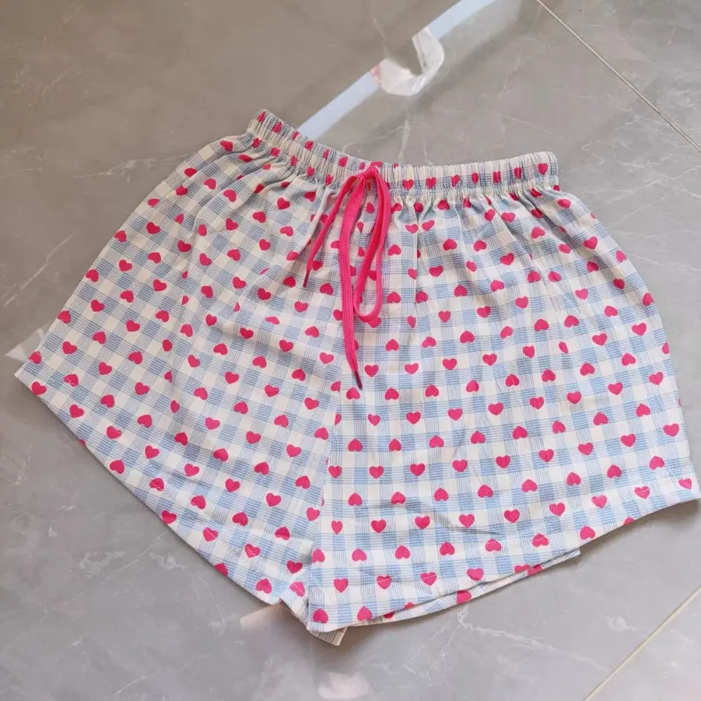 

Fashion Sweet Love Short Pajama Pants Drawstring Stripe Heart Printed Shorts Pants Thin Loose Sleepwear Pants Indoor Outdoor