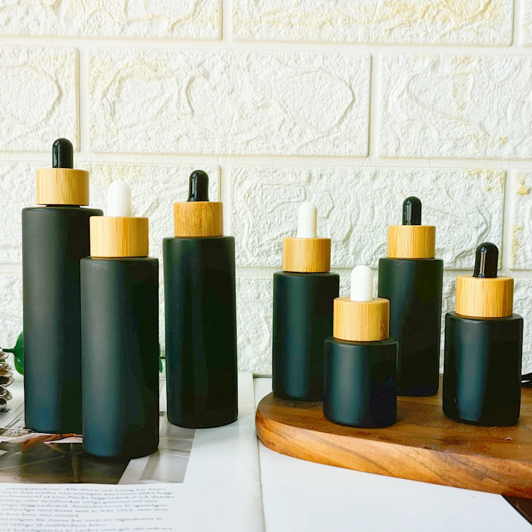 Bulk Order Empty Matte Black Glass Dropper Bottle 20ML-100ML Bamboo Wood Refillable Essential Oils Skin Care Containers Travel