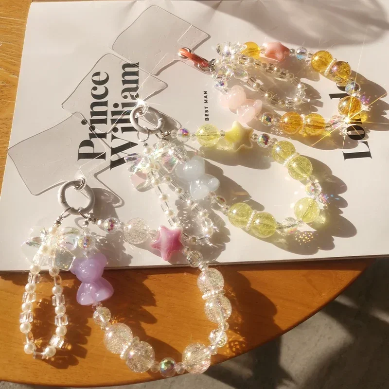 

Phone Lanyard Colorful Teddy Bear Pearl Lanyard Pentagonal Star Crystal Decoration Butterfly Bow Colorful Beads Double Chain
