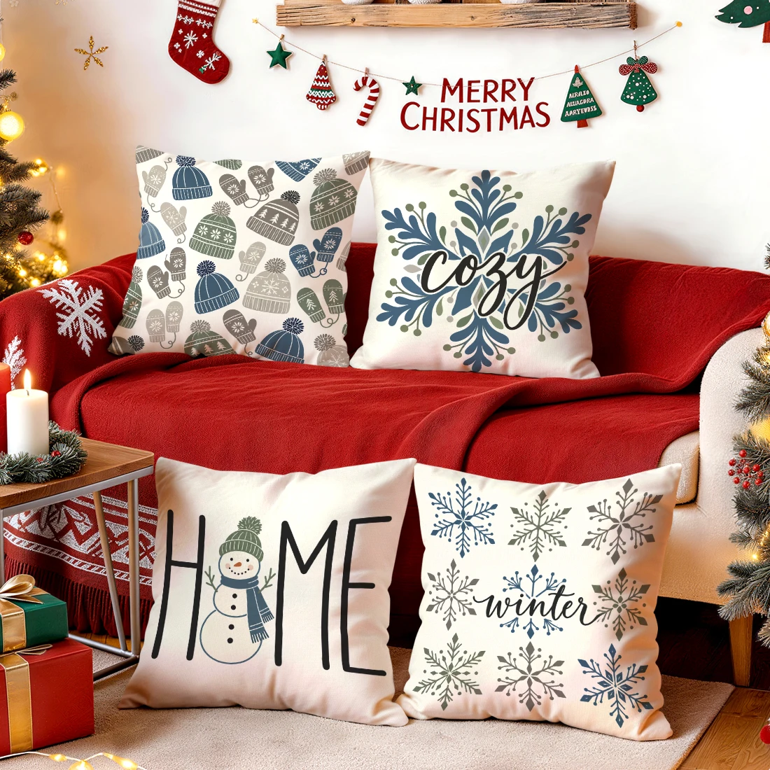 Winter Blue Grey Fresh Snowman Cushions Pillowcase Polyester Cushion Cover Throw Pillow Pillowcover Home Car Sofa Decor