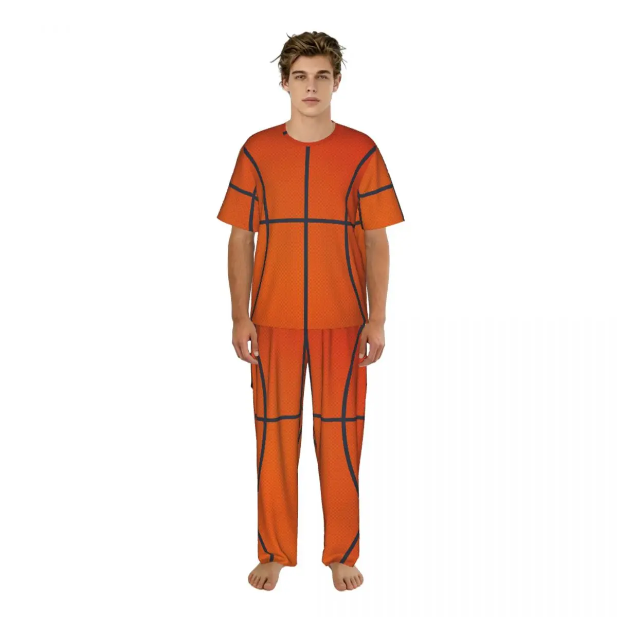 Men Pajamas Suit Short Sleeved Long Pants Basketball Background Sleepwear Summer Home Clothing Set