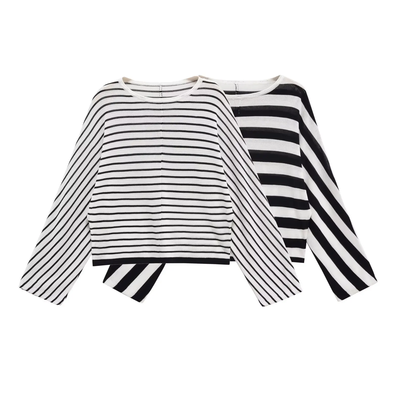

Spring Autumn Women's Top New Fall Black and White Striped Long Sleeve Bat Sleeve Top Casual Fashion Personality Versatile