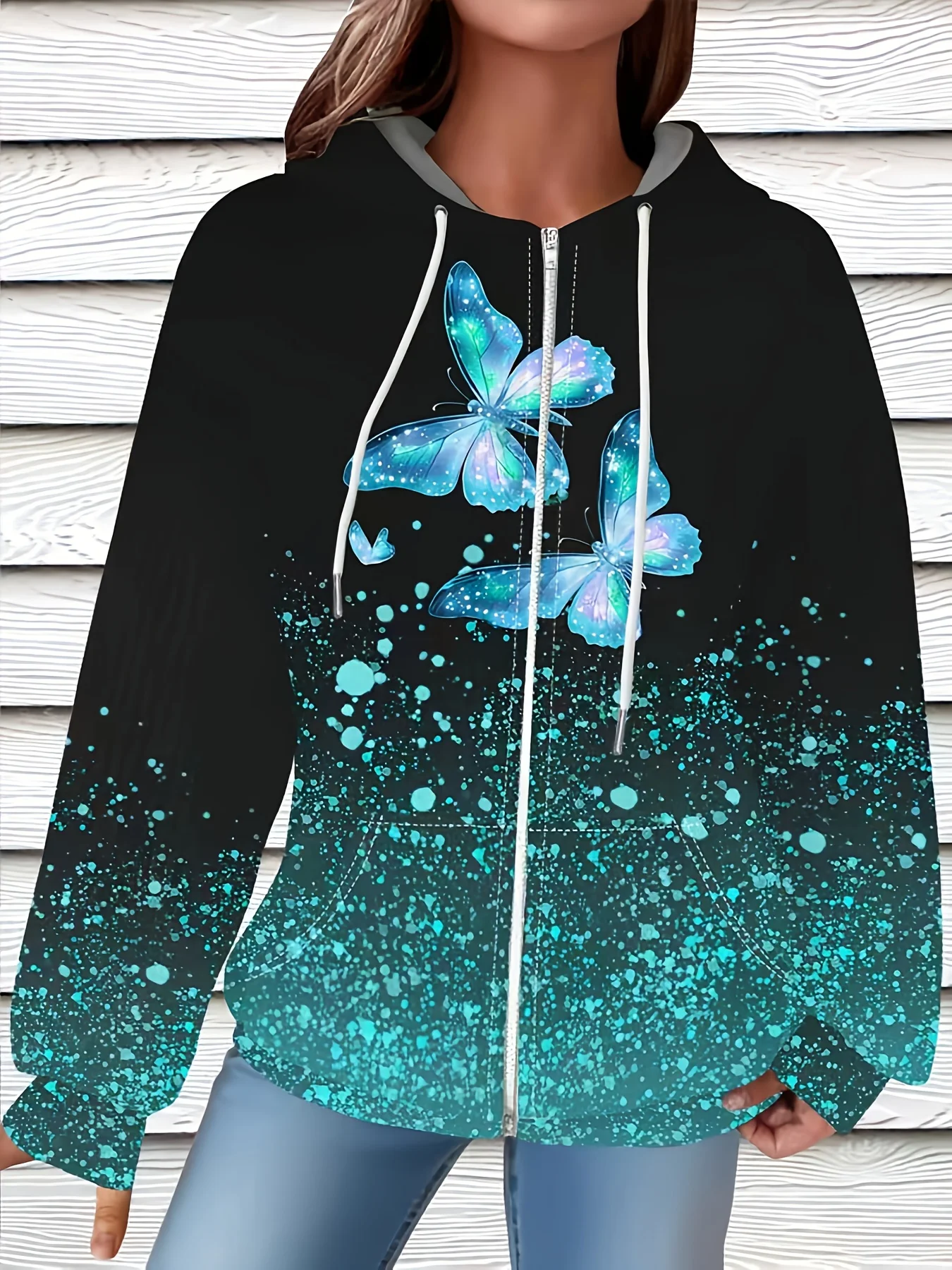 

Printed Design Casual style butterfly flash gradient pattern hooded jacket