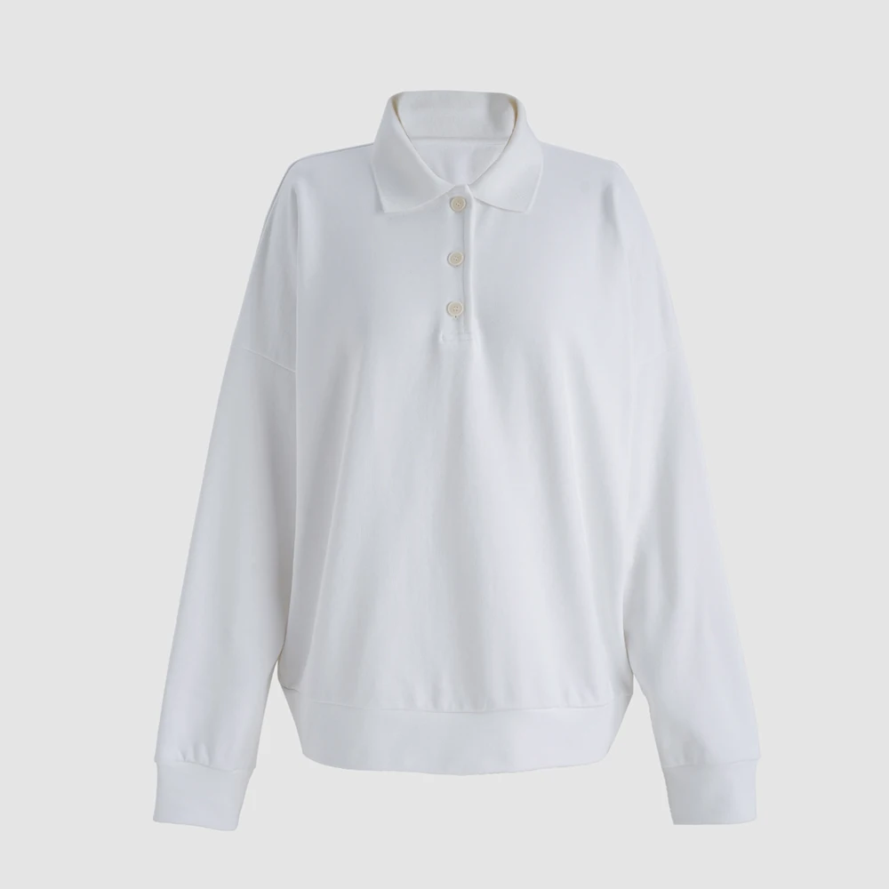 Ladies 100% Cotton Long Sleeve Polo T‑Shirt  Button Placket Oversized Loose Pullover Casual Daily Basic Sweatshirt Tops