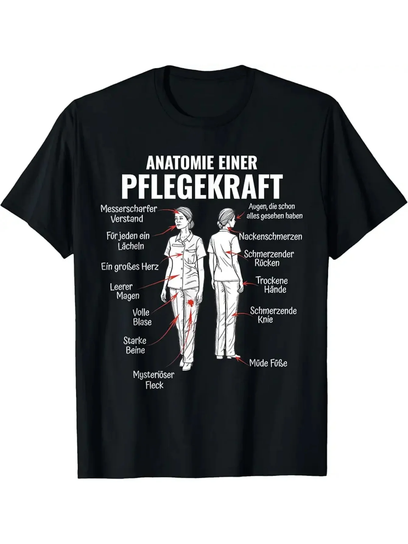 T-shirt d'anatomie médicale pour soignants avec tableau de gériatrie et étiquettes allemandes - Haut d'entraînement éducatif unisexe à manches courtes