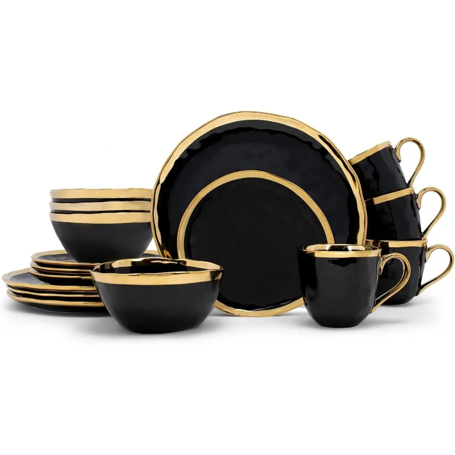

16 предметов, металлические пузырьковые фарфоровые керамические тарелки, миски, кружки, набор столовой посуды, сервиз для 4 черных с золотыми акцентами