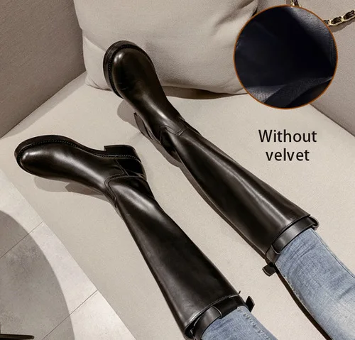 Winter Warm Leather Women Knee High Boots Fashion Riding Knight Boots Buckle Lace Up Military Combat Motorcycle Long Boots 34-40