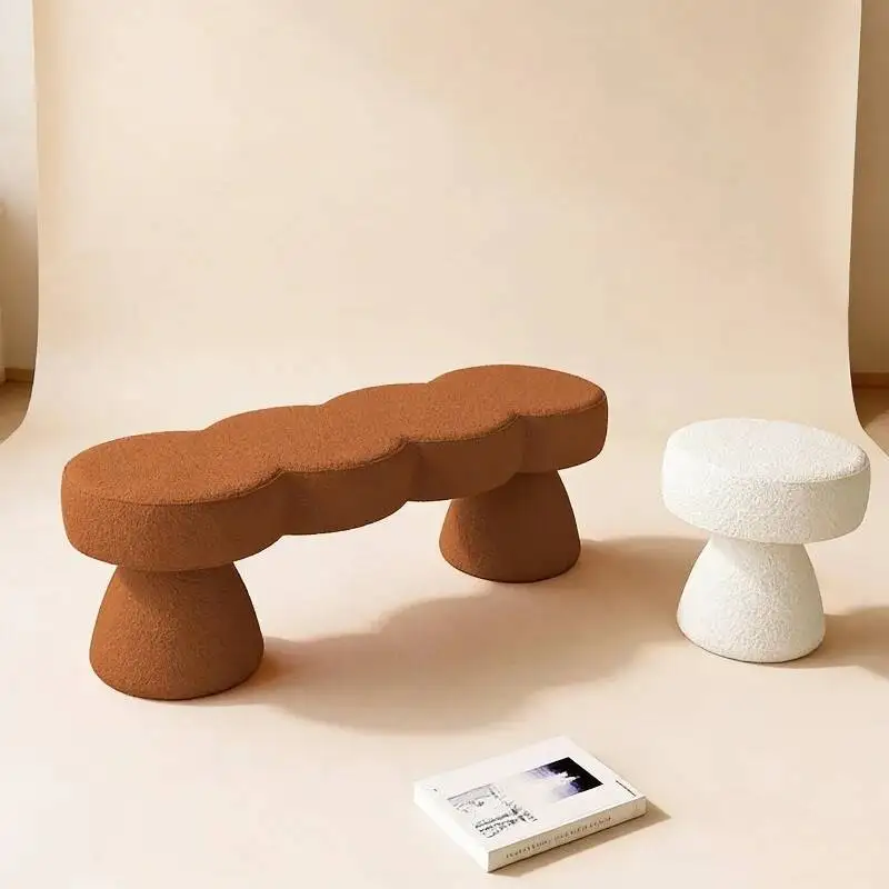 Cute Cloud Bench & Mushroom Stool, Modern Bouclé Upholstered Window Bench, Cozy Accent Furniture for Kids Room Bedroom Decor