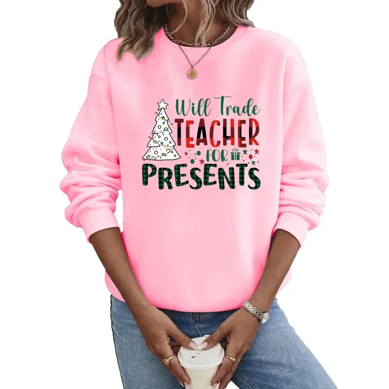Women Will Trade Teacher for Presents Crewneck Sweatshirt Christmas Tree Slogan Print Long Sleeve Casual Pullover Top