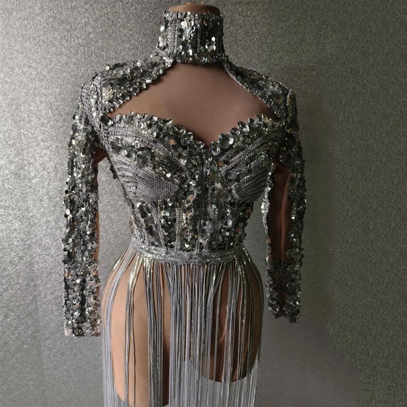 Silver Big Stones Sequins Outfit Sexy Backless Long Fringed Bodysuit Women Stage Festival Clothes Drag Queen Costume XS6838