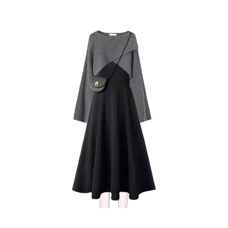 Women Korean Style Two Piece Outfit, Short Knit Cardigan + Square Neck A-Line Midi Dress, Elegant Casual Slimming Dress Set