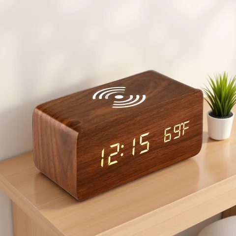 Despertador digital de madeira com carregamento sem fio, Relógio LED com hora, data, temperatura, relógios de mesa para escritório