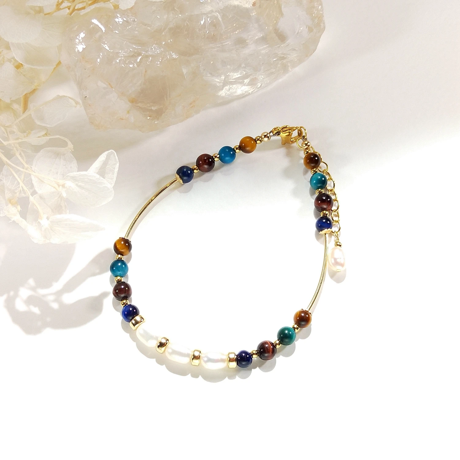 Lii Ji Multi Tiger's Eye 4mm American 14K Gold Filled Charm Bracelet Handmade Fashion Jewelry