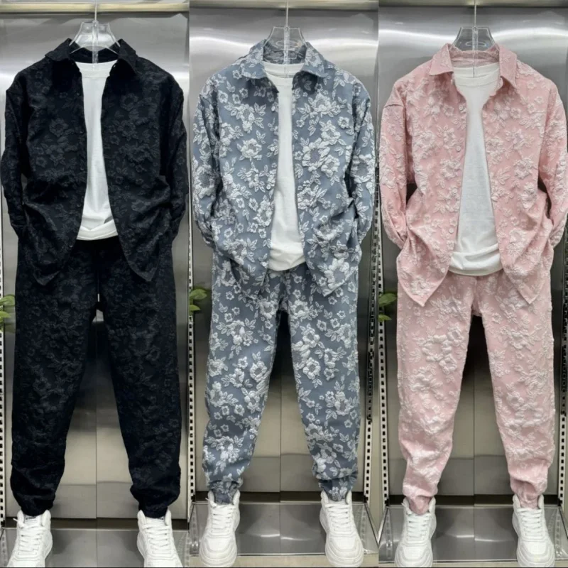 Spring and Autumn New 3D Relief Jacquard Shirt Coat Pants Two Piece Set Men's Trendy Brand Leisure Sports Set Hot Selling