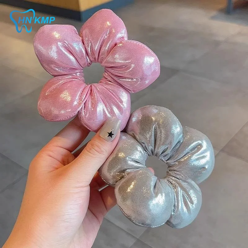 1Pcs Flower Shaped Hair Scrunchies Plaid Denim Shiny Styles Soft Fabric For Daily Wear Parties School Girls Hairstyling