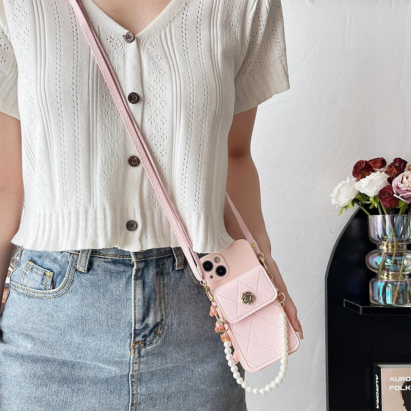 Pearl Strap Case For iPhone 17 16 14 13 12 11 15 Pro Max Plus X Wallet Card Slot Flower Crossbody Cord Lanyard Bumper Bag Cover