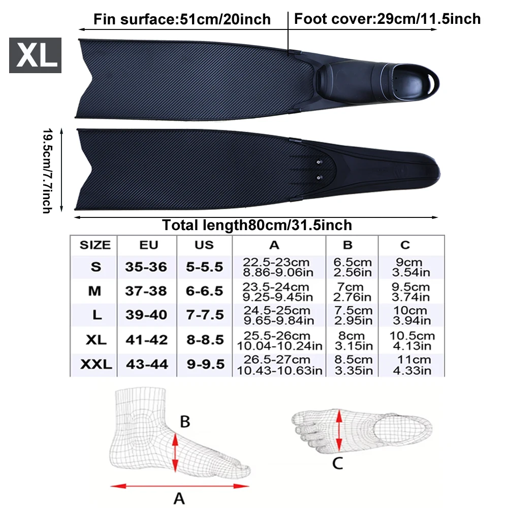 Vollständige Tauchflossen, professionelle Schnorchelflossen, Strandschuhe mit langen Flossenblättern für Freitauchen, Speerfischen, Freitauchflossen – Detail 4