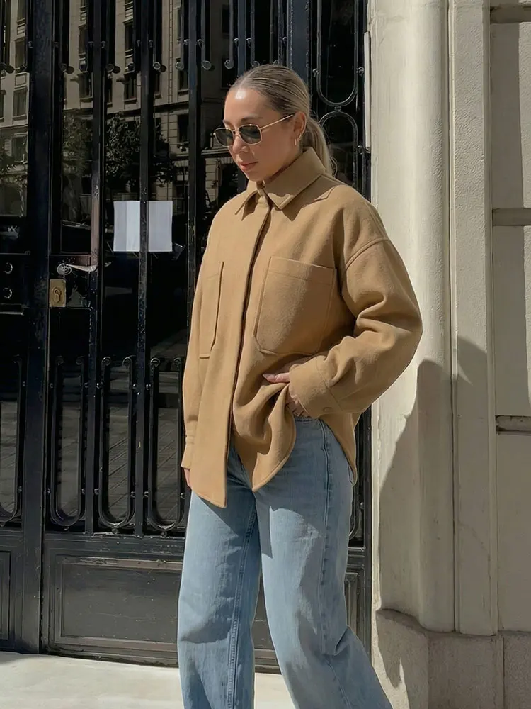 HH Women Oversized Camel Coat Long Sleeve Jackets With Patch Pockets For Fall Winter Daily Casual Outwear