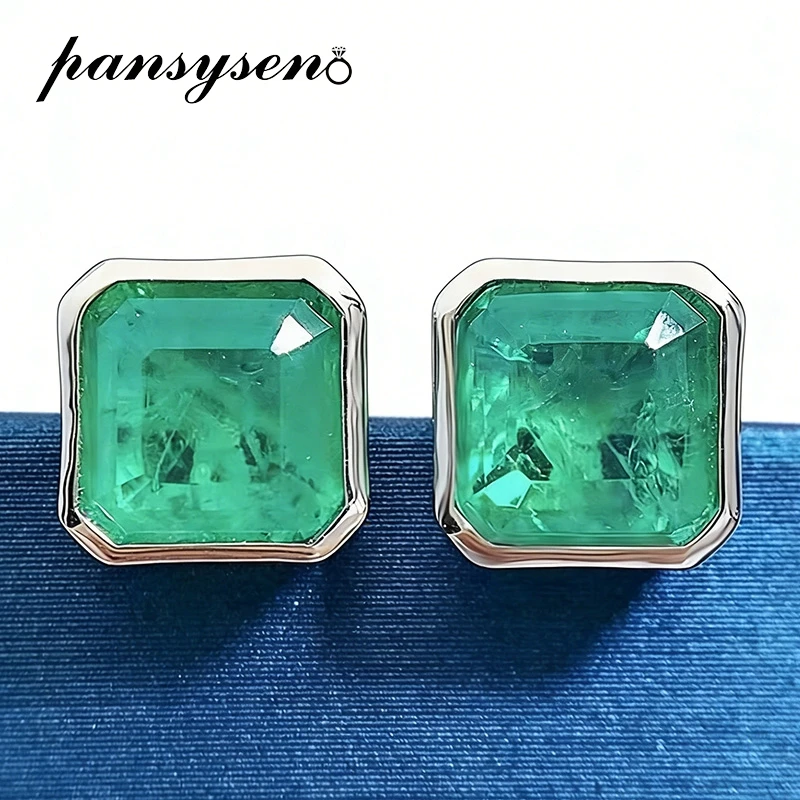 PANSYSEN Vintage 925 srebro kwadratowe 3CT szmaragd kamień kolczyki do uszu rocznica koktajl Fine Jewelry Wholesale