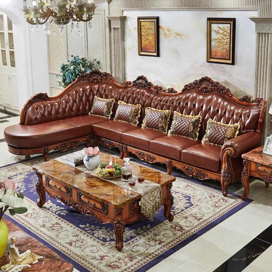 Royal european style luxury genuine leather wood L shape sofa couch set Ll-shape sofas couches for  living room furniture home