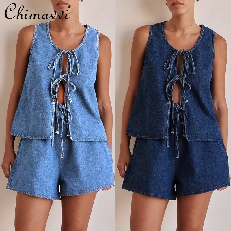 

European and American Style Summer Fashion Casual Sleeveless Lace-up High Waist Vest Denim Shorts Suit For Women