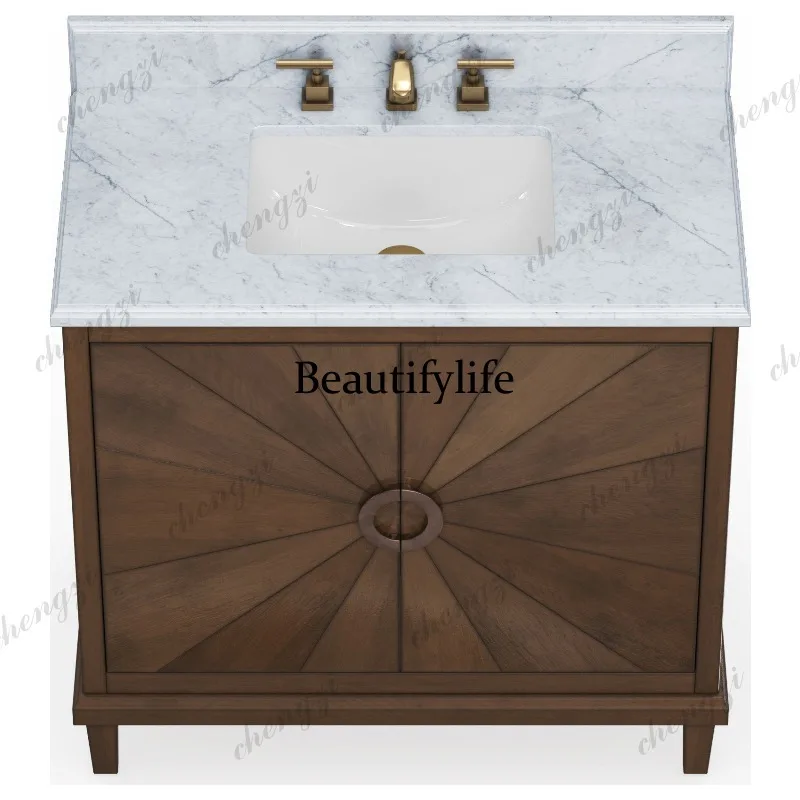 New Chinese hand wash cabinet wabi sandy wind walnut konali integrated basin bathroom cabinet minimalist bathroom