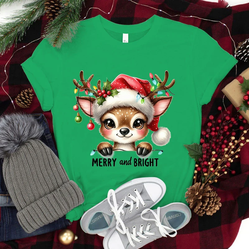 Kaus rusa Natal, atasan leher bulat lengan pendek kasual uniseks, kaus modis musim panas dan wanita, kaus rusa Natal