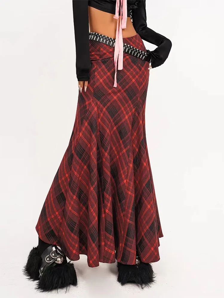 Harajuku Red Plaid Trumpet Skirt Spring Summer High Waist Mermaid Skirt Women New Trend Gyaru Skirt Classical Japanese Fashion