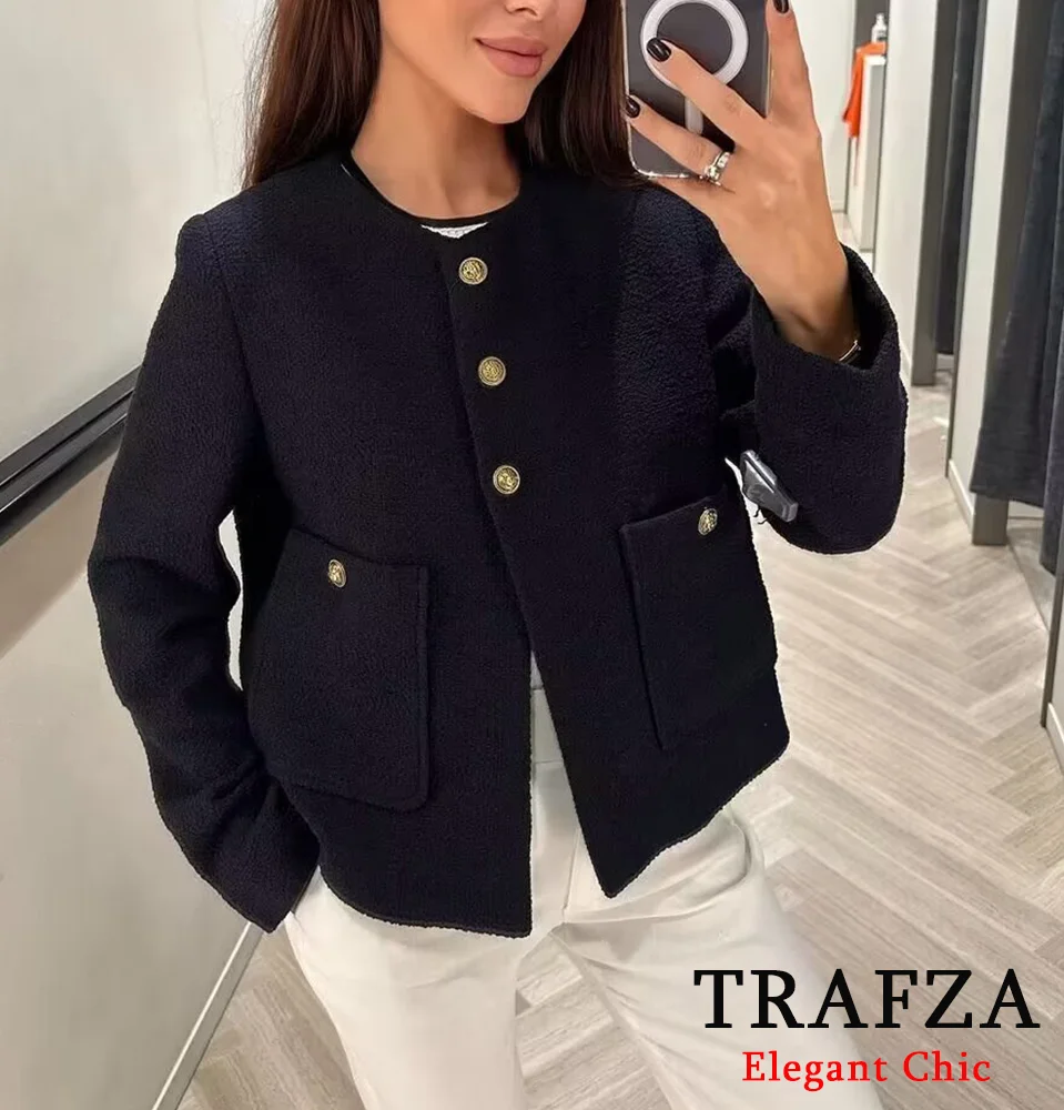 TRAFZA Women\'s Old Money Style Tweed Jacket Blazer Buttons O-Neck Jacket Coat New 2024 Autumn Fashion Elegant Jacket Coat