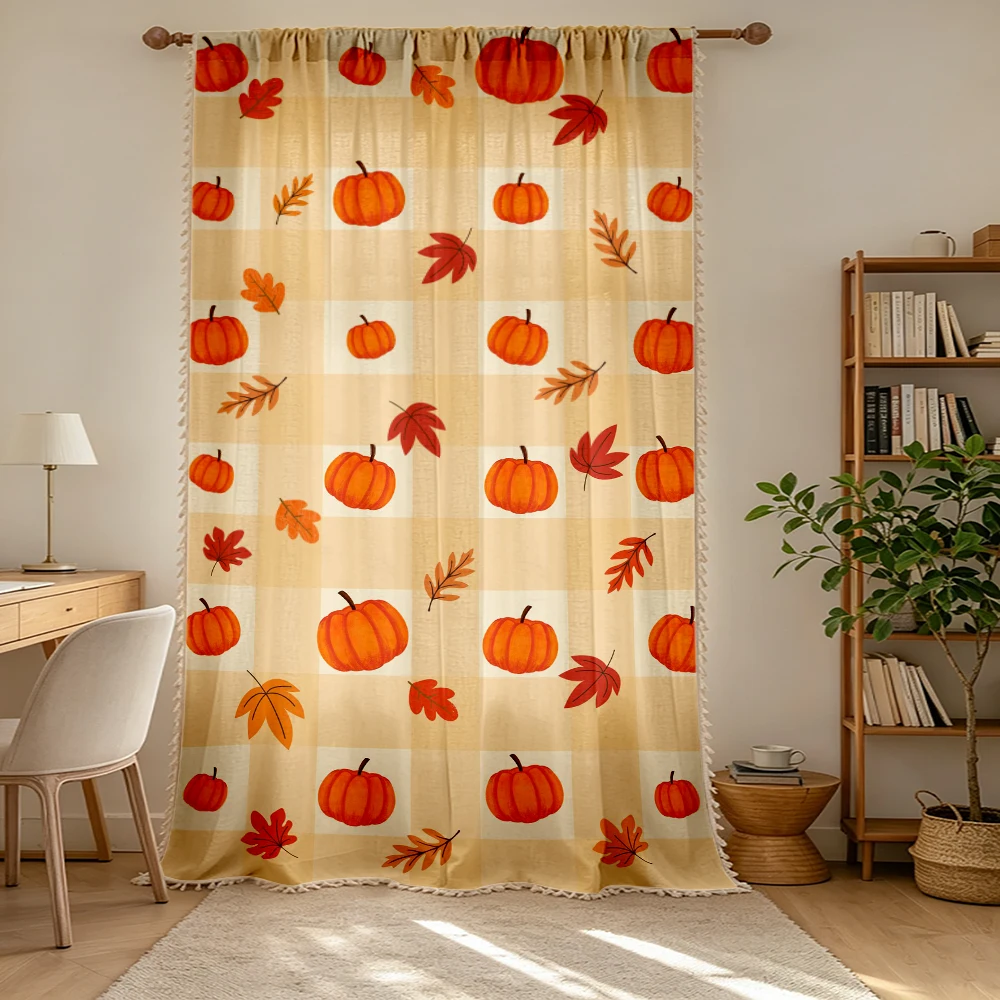 1PC Thanksgiving Fall Tassel Sheer Curtains, Pumpkin Maple Leaf Plaid, Digital Print, Polyester, Bedroom Living Room Home Decor