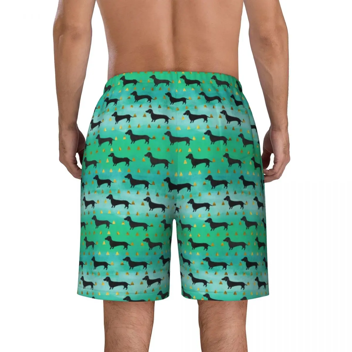 Dachshund Board Shorts Summer Green and Gold Dog Running Surf Board Short Pants Men's Quick Dry Stylish Oversize Beach Trunks