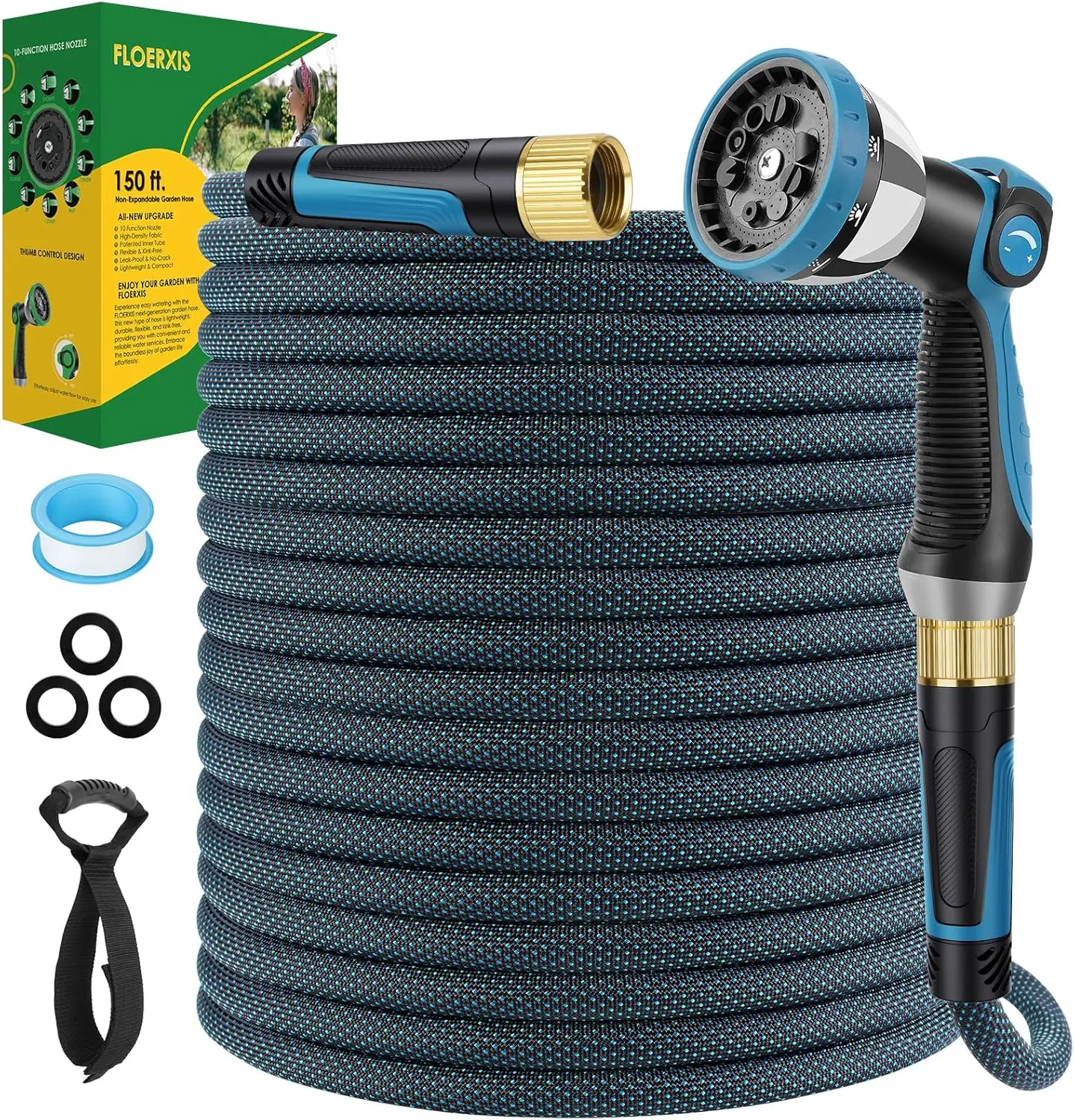 

Non-Expandable Garden Hose 150 FT, Lightweight Hose with 10 Function Spray Nozzle, Kink-Free Flexible