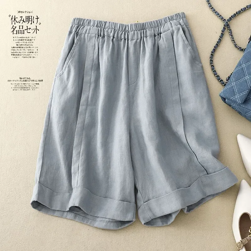 Women's Light Gray Linen Blend Wide Leg Shorts Elastic Waist Rolled Hem Casual Summer Shorts