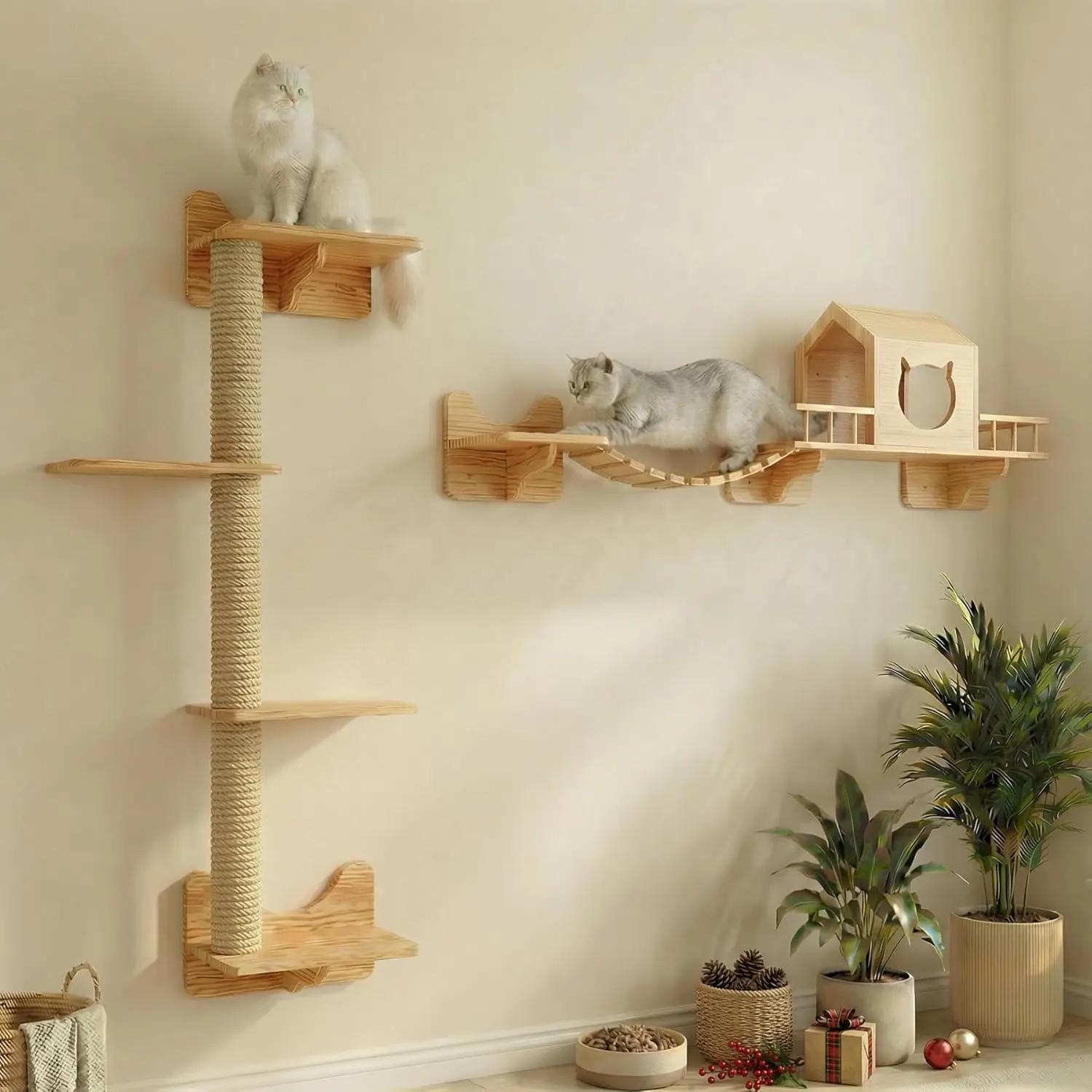 

Wall-Mounted Cat Shelves Set with House, Bridge Ladder, Scratching Posts and Steps for Indoor Play