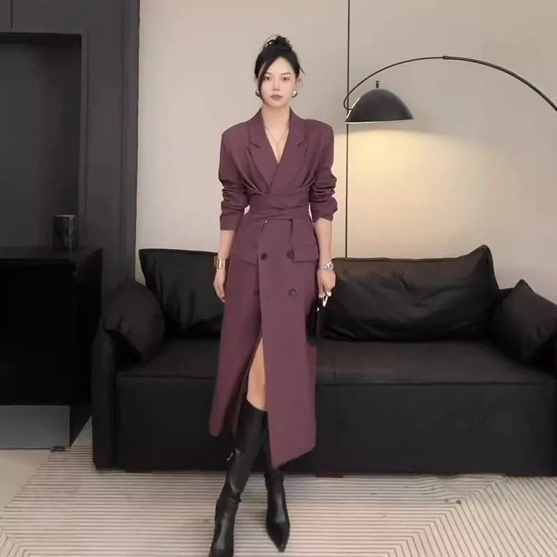 

Women Fashion With Belt Solid Double Breasted Trench Vintage Lapel Neck Long Sleeves Female Chic Lady Outfits