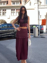 Ruched Knit Top And High Waist Long Skirt 2 Piece Set Ruffled Hollow Out Burgundy Outfit for Party Date Vacation Wedding Guest