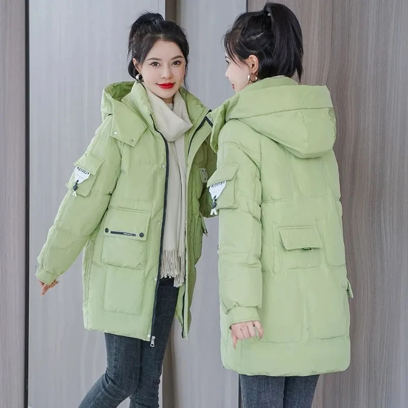 Imagem -05 - Puffer Parkas de Inverno de Comprimento Médio Feminino Jaqueta Quente Cabolsa de Algodão com Capuz Extragrande Outwear com Zíper Espessado