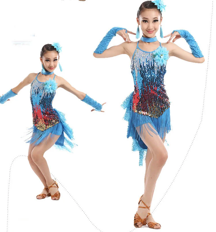 Performance Tassel Latin Dancewear Costumes Girls Salsa Ballroom Fringe Sequins Latin Dress For Girls Kid Latin Dance