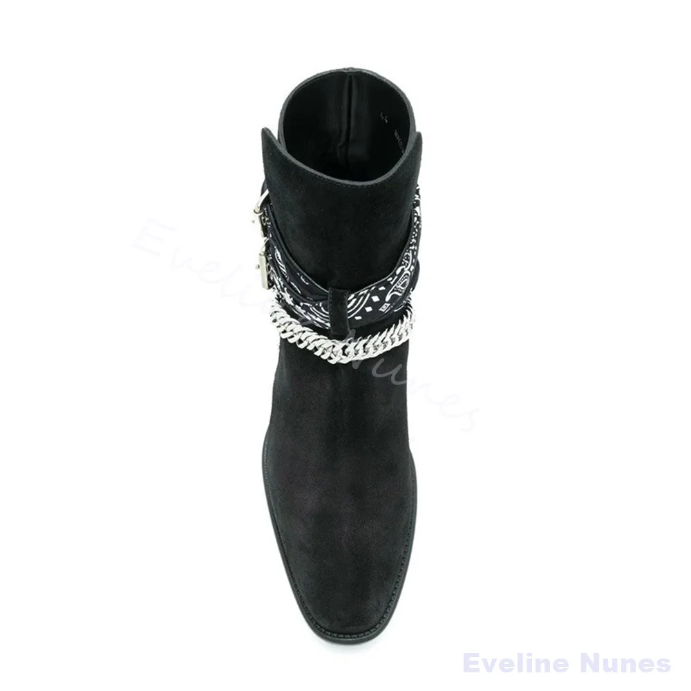 Black Suede Western Cowboy Ankle Boots Men Pointed Low Block Heel Metal Chain Buckle Strap Punk Gothic Street Motorcycle Boots