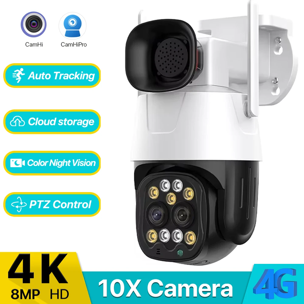 

Камера WONSDAR 4G с наружным динамиком, монитором, автоматическим отслеживанием, тремя режимами ночного видения, двойной линзой для видеонаблюдения, CamHi