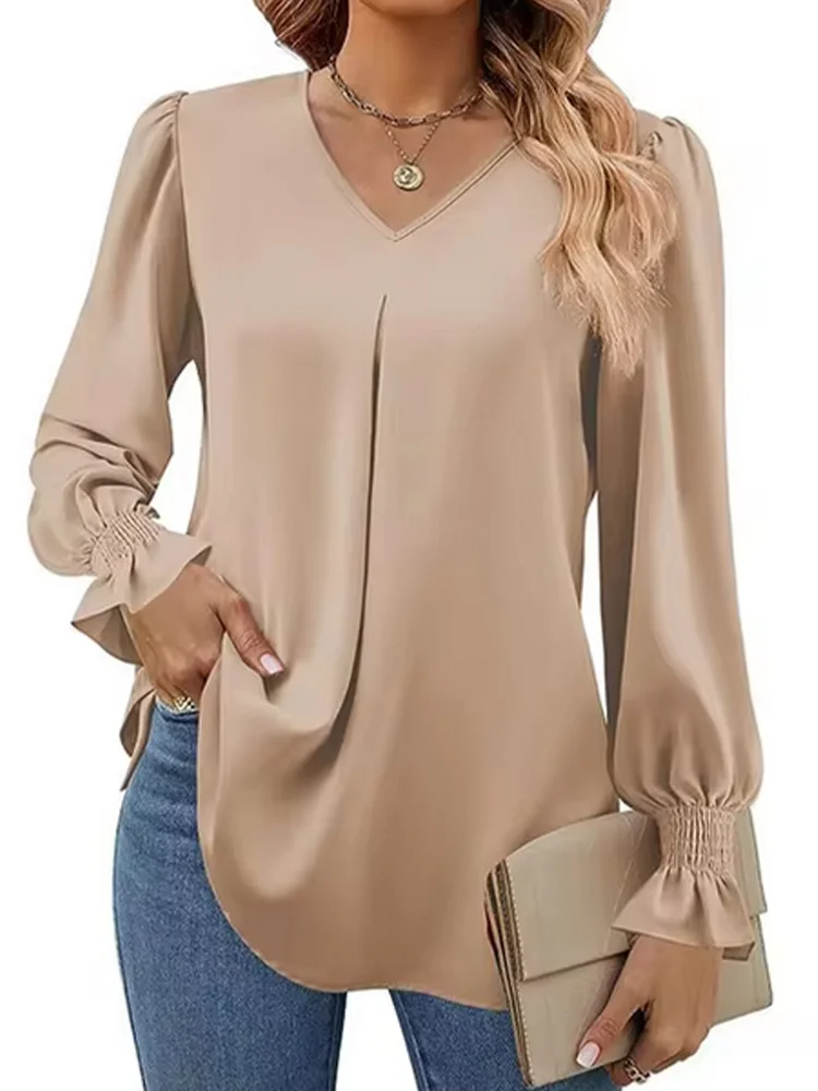 Elegant V-neck Solid Color Blouse Women\'s Long Sleeved Simple T-shirt  Autumn Top Clothes