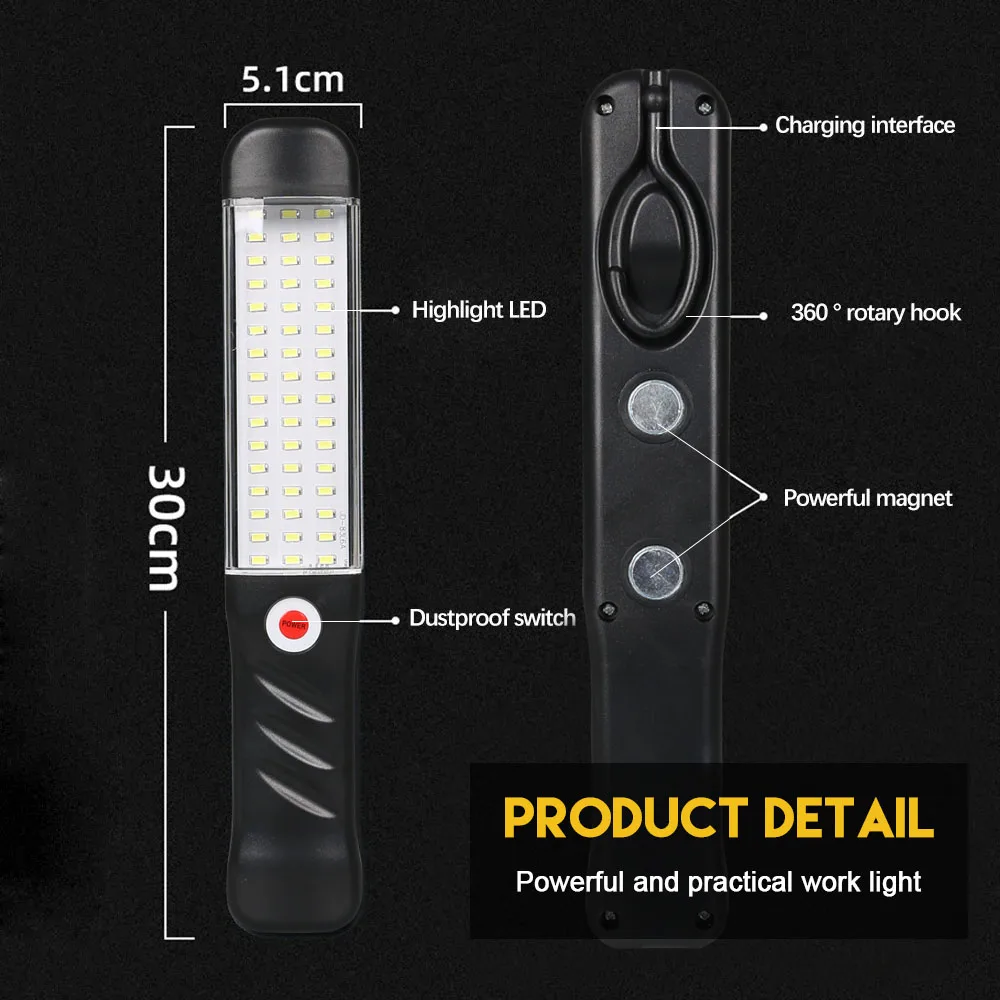 Portable Magnetic Auto Repair Work Light USB Rechargeable LED Flashlight With Magnet Hook For Car Repair Fishing Emergencies