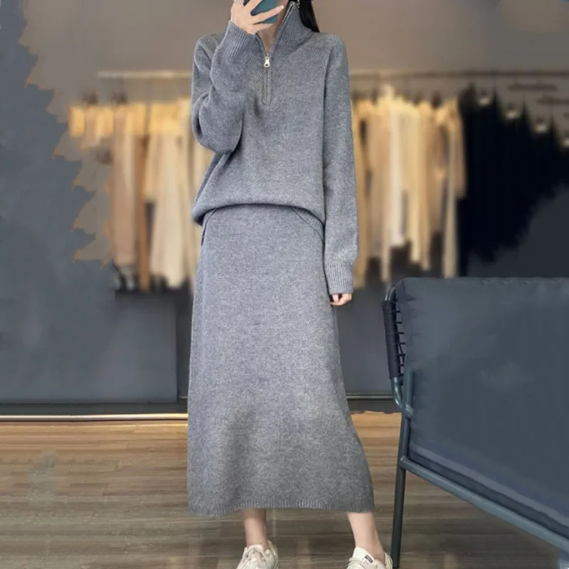 Autumn and Winter Korean Edition New Fashion Set Stand up Collar Zipper Sweater+Skirt Slimming Two Piece Set