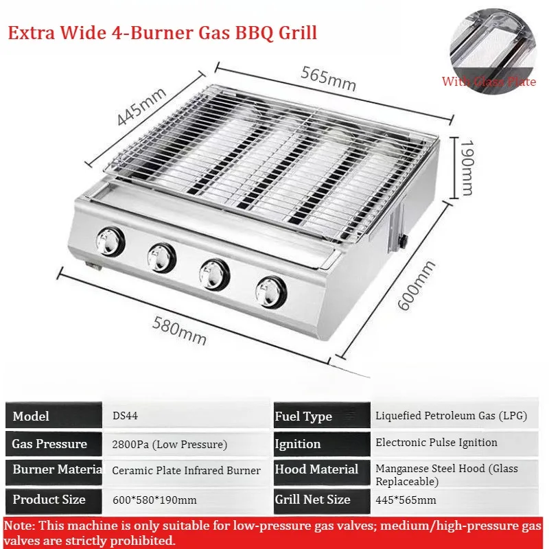 4-Brenner Edelstahl Gas-Grill LPG Tragbarer Kommerzieller Barbecue-Grill mit Keramik-Infrarotbrennern