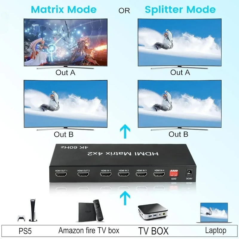4K 60Hz HDTV Matrix Switcher 4 in 2 out HD 2.0 Switch Splitter 4x2 with Optical 3.5mm Audio Extractor Converter HDCP2.2 EDID