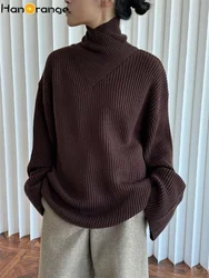 HanOrange 2024 Winter Oriental Gentle Overlapping Turtleneck Wool Sweater Women Soft Loose Knitting Top Apricot/Dark Coffee