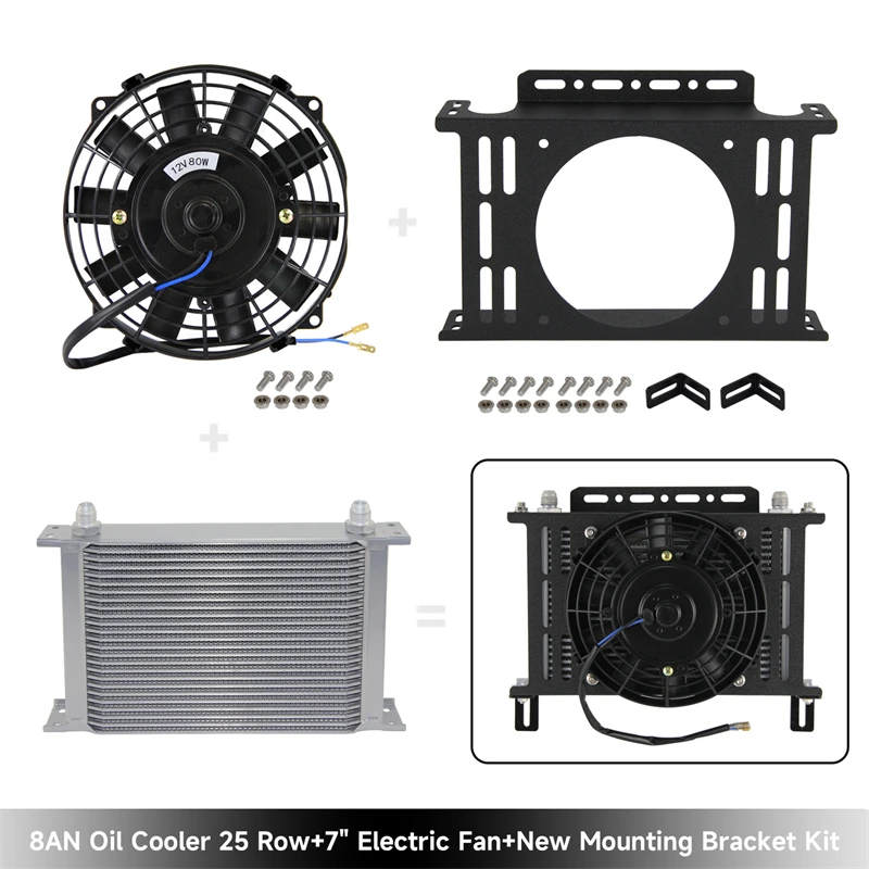 

25 Row Oil Cooler Universal Transmission 8AN 3/4"-16 UNF + 7" Electric Fan Kit with New Type Mounting Bracket Kit Black/Silver