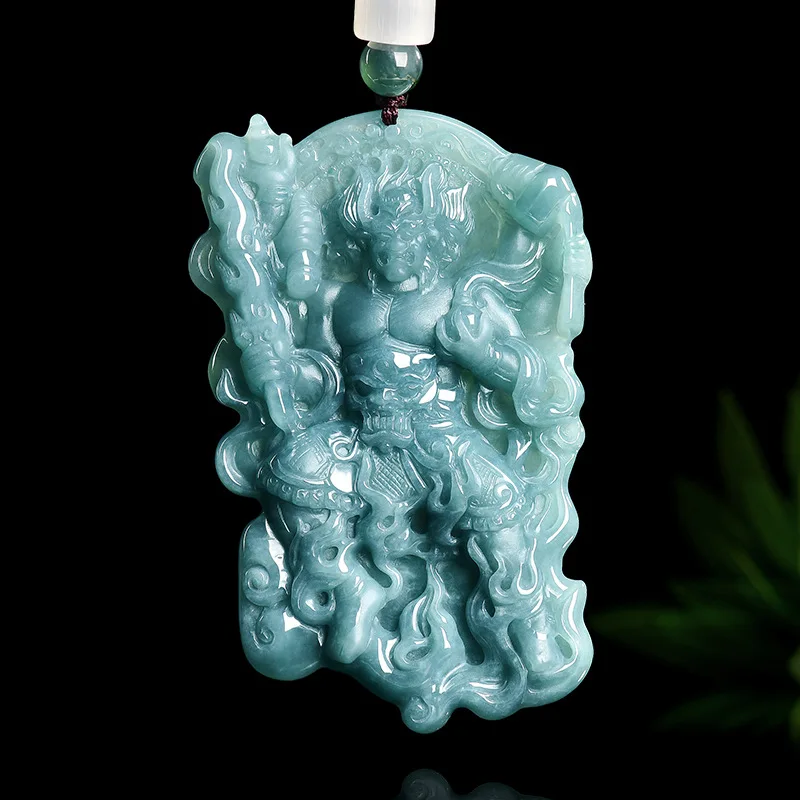 

Натуральный нефритовый кулон класса А «Синий лед» с изображением Бога огня Чжуронг, ручная резьба, амулет с мифическим существом для мужчин и женщин, талисман удачи